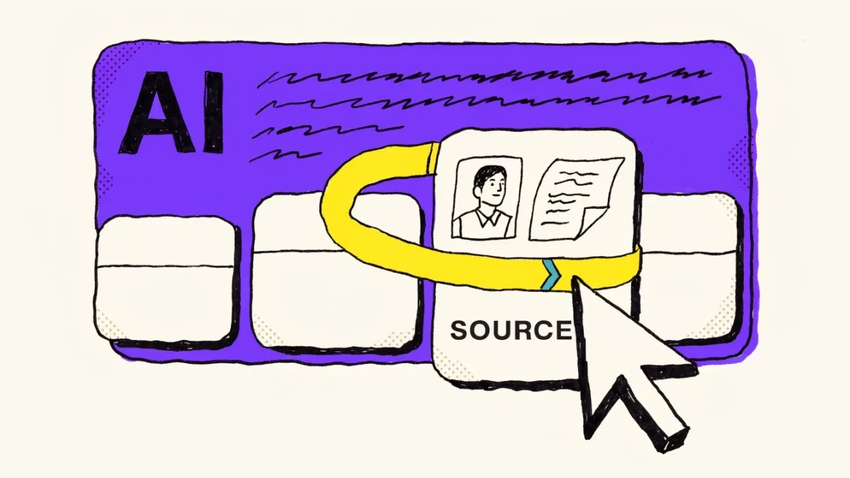 A highlighted website source with authorship and an original document is linked beneath an AI answer.