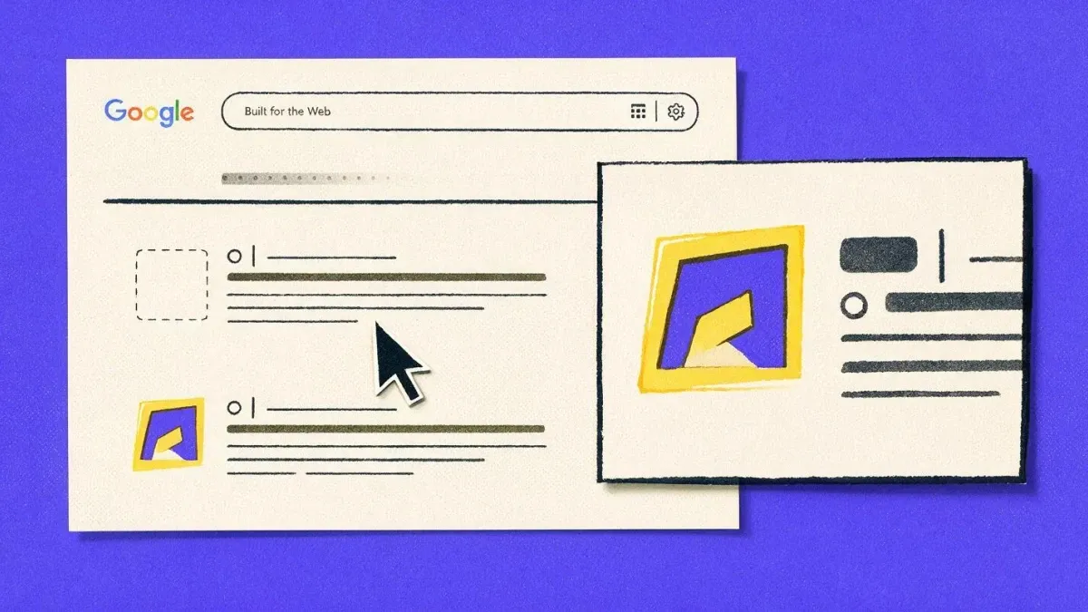 A zoomed search-results panel contrasts a missing favicon with a visible purple-and-yellow brand icon.