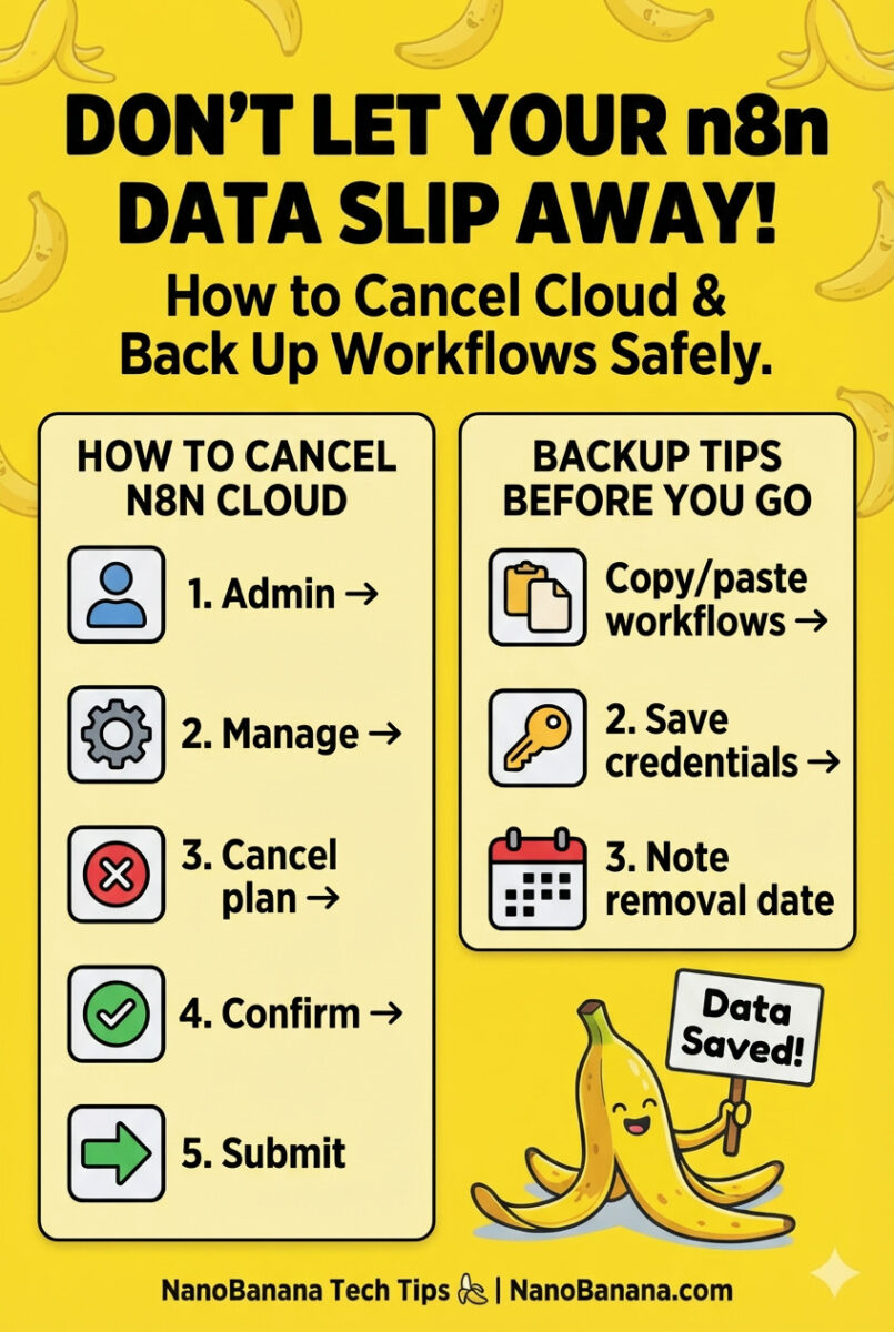 Two-column infographic with quick cancel steps and backup tips for n8n.cloud