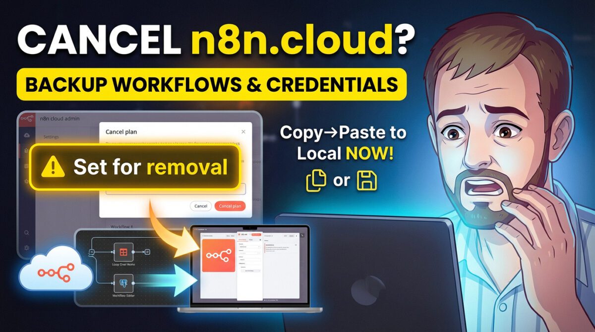 n8n Admin Manage page with Cancel plan popup, yellow removal warning and copy-paste hint