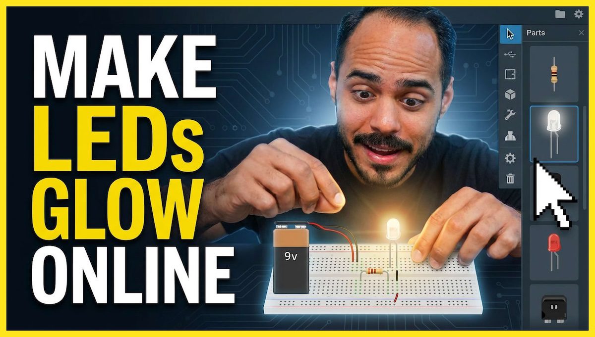 Tinkercad circuits beginner tutorial simple led circuit 9v battery resistor breadboard online electronics no soldering autodesk maker hub virtual circuit.