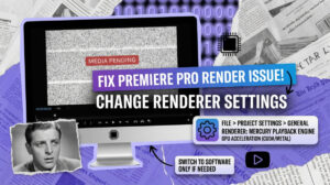 Premiere Pro monitor with white static, face cam lower left, bold text overlay to fix renderer