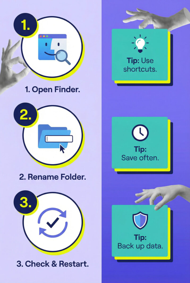 Two column infographic with steps to rename JetBrains folders and quick tips