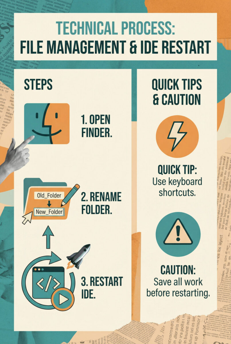 Vertical infographic showing three steps to rename JetBrains folders and fix PyCharm