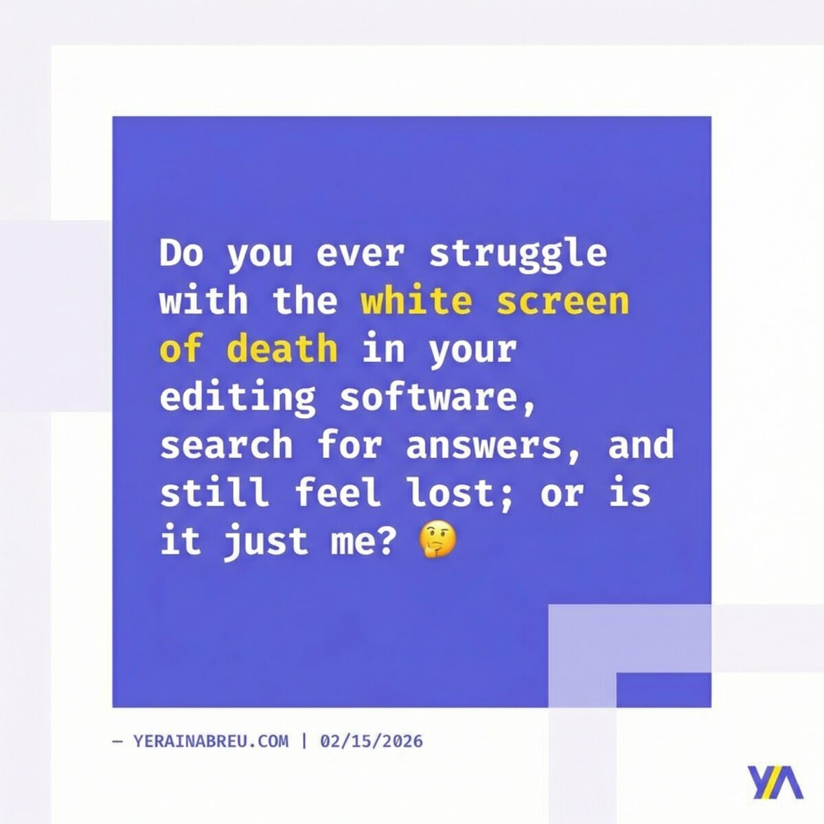 Image in a post titled 'premiere pro white screen fix: how to restore your program monitor in 30 seconds? ' | tobi graphic 17 | yerain abreu Do you ever struggle with the white screen of death in your editing software, search for answers, and still feel lost; or is it just me? 🤔
