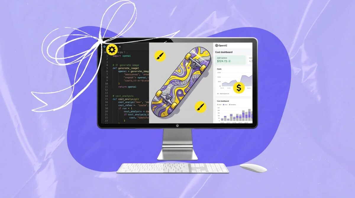 Image in a post titled 'ai automation: 85 pod designs for $14 🤙' | unnamed file 3 | yerain abreu Split screen thumbnail showing python code, generated skateboard images, and cost dashboard